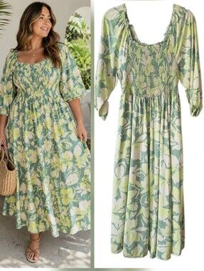 TORRID Floral SMOCKED Bodice Maxi Boho Beach Tropical DRESS Women's Size L 12